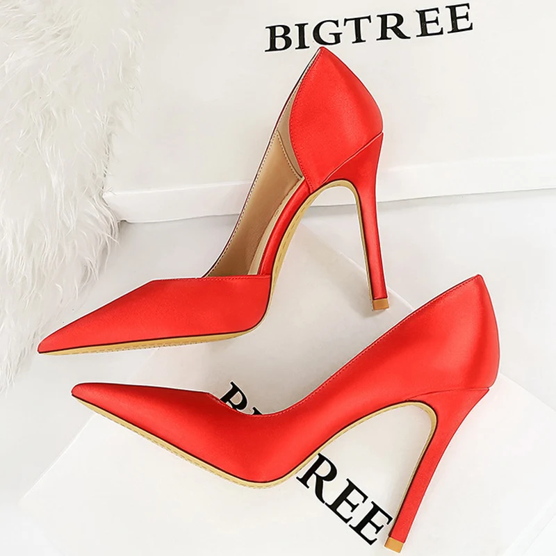 BIGTREE Shoes Women Pumps Fashion High Heels Stilettos Silks Satins Women Heels Sexy Party Shoes Large Size 34-43 Female Pumps