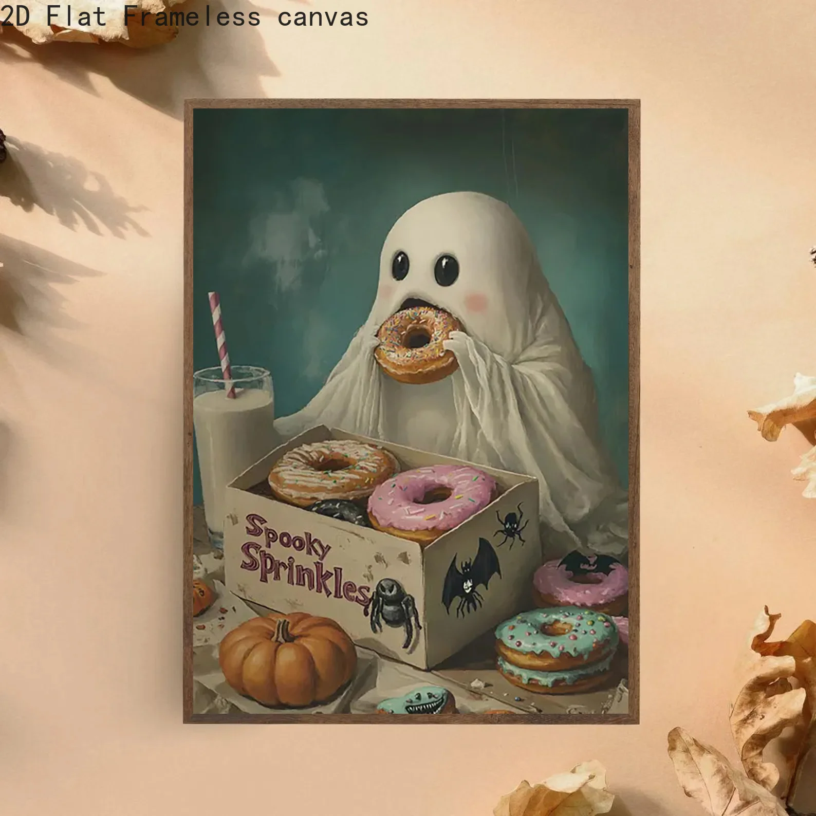 2D Flat, Canvas Painting, 2D Flat, Multiple Sizes Available, Frameless,  Frameless. Cute Ghost and Scary Donuts Wall Art Hall