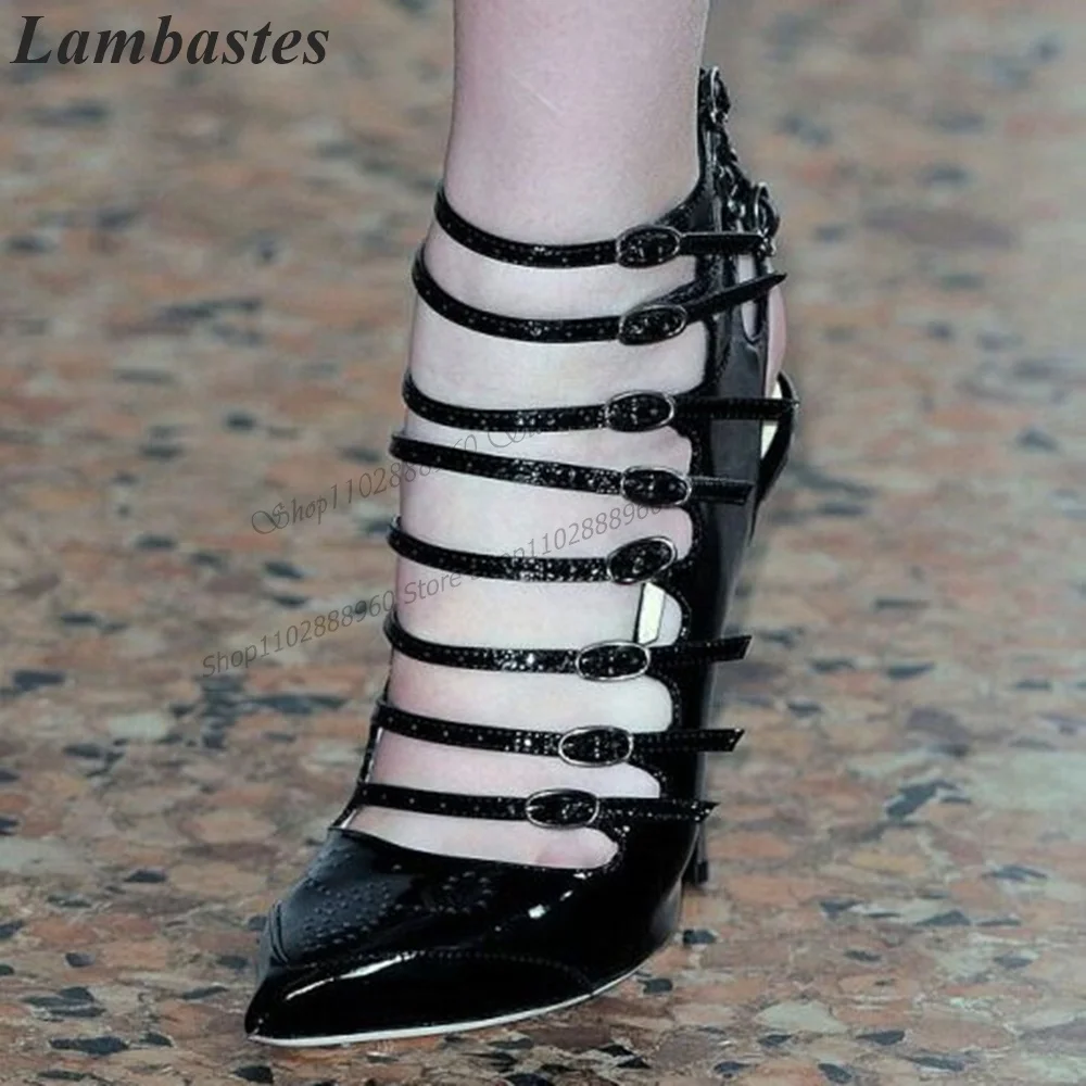 Black Patent Leather Belt Buckle Strap Sandals Thin High Heel Women Shoes Ankle Buckle Strap Pointed Toe 2023 Zapatillas Mujer