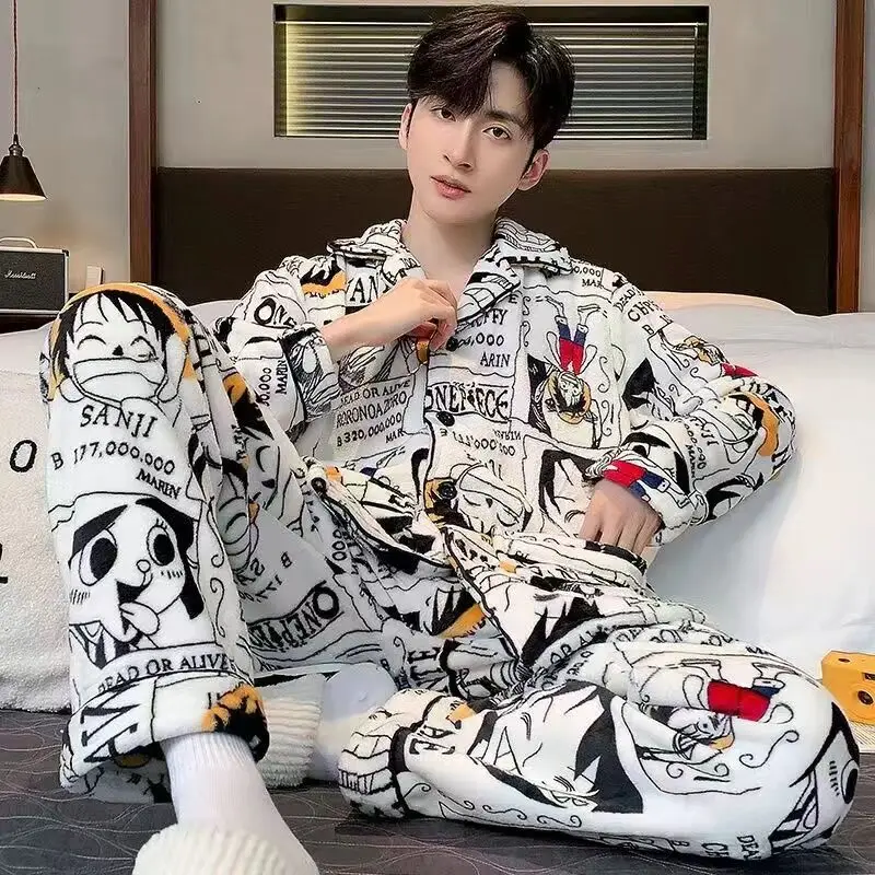 

Одежда для сна Luffy Мужская зимняя однотонная теплая, комплект из 2 предметов, утепленный бархатный флисовый комплект в рубчик, пуловер и брюки, повседневные пижамные комплекты