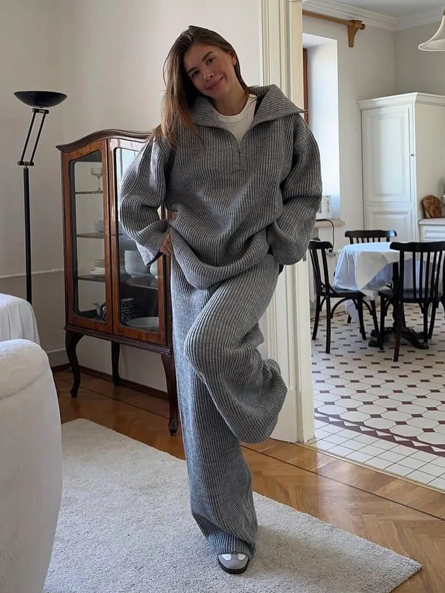 

Bornladies Women's Collared Half Zip Knit Sweater Wide Leg Pants Set Ribbed Knit Oversized Autumn Winter Fashion Pullover Sets