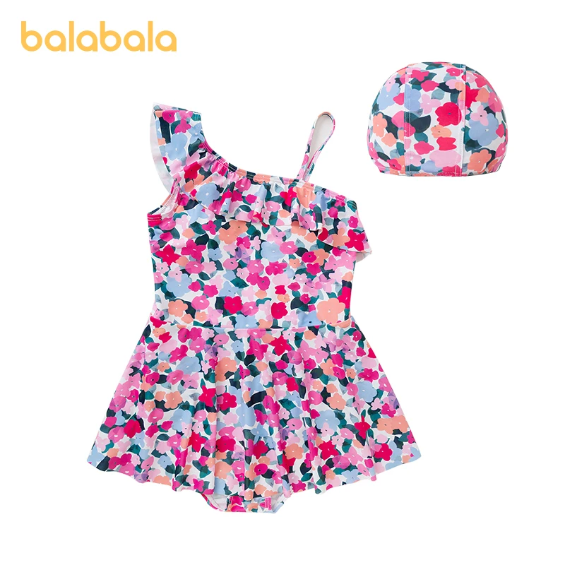 

Balabala Swimsuit 2025 Summer New Middle Girls' One-piece Swimsuit with Swimming Cap