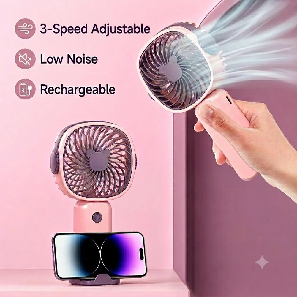 Tragbarer Mini-USB-Ventilator, wiederaufladbarer Handventilator, 3-stufiger, leiser elektrischer Ventilator mit Ständer und Telefonhalter für Reisen und Outdoor-Aktivitäten.