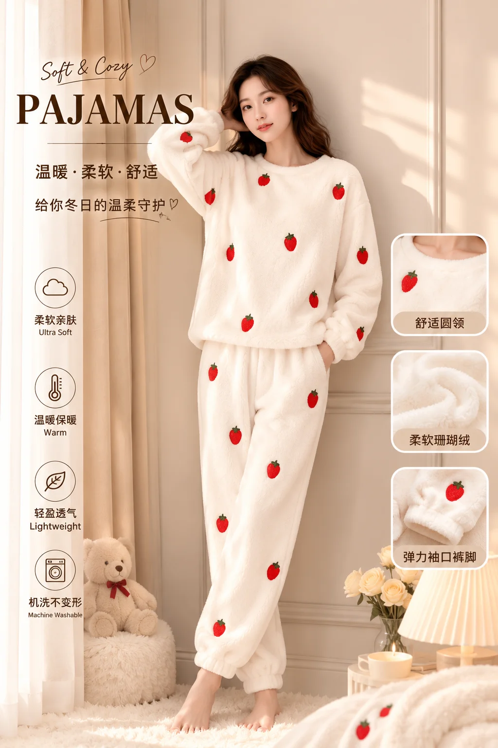 Cute Strawberry Print Coral Fleece Pajama Set Soft Warm Breathable Winter Sleepwear For Women Cozy Lounge Suit