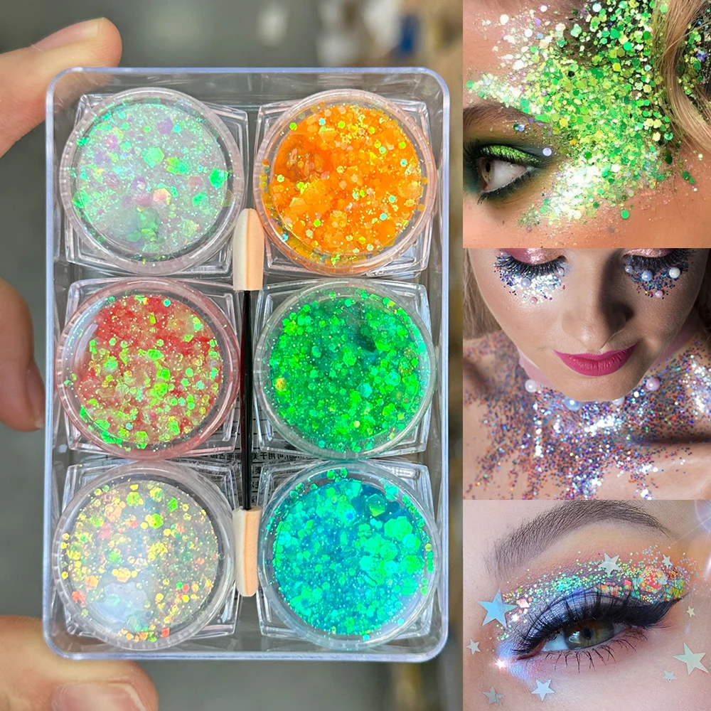 6Jar/set 아이 섀도우 글리터 젤 팔레트 하트 스타 문 카멜레온 젤 스팽글 아이 섀도우 헤어 바디 페이스 카니발 파티 메이크업
