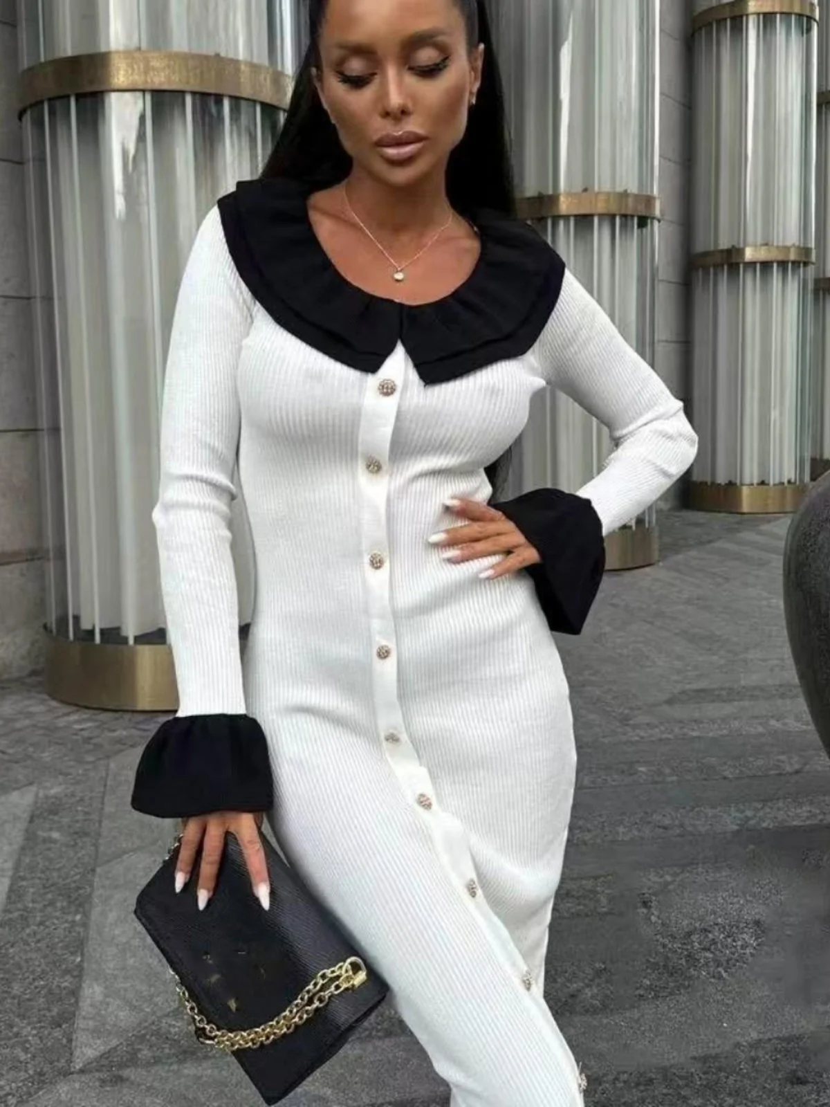 Faionable Splicing Gestrickter Dr. Long Sve Midirock mit hoher Taille, Farbe Blo Bell Sve Commute Sle Neu eingetroffen