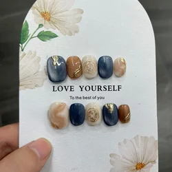 Handmade Fake Nails with Sticky Tabs Short Press on Nails Beautiful Blue Cat Eye Brown Holiday Stick-on Nails with Box and Tools