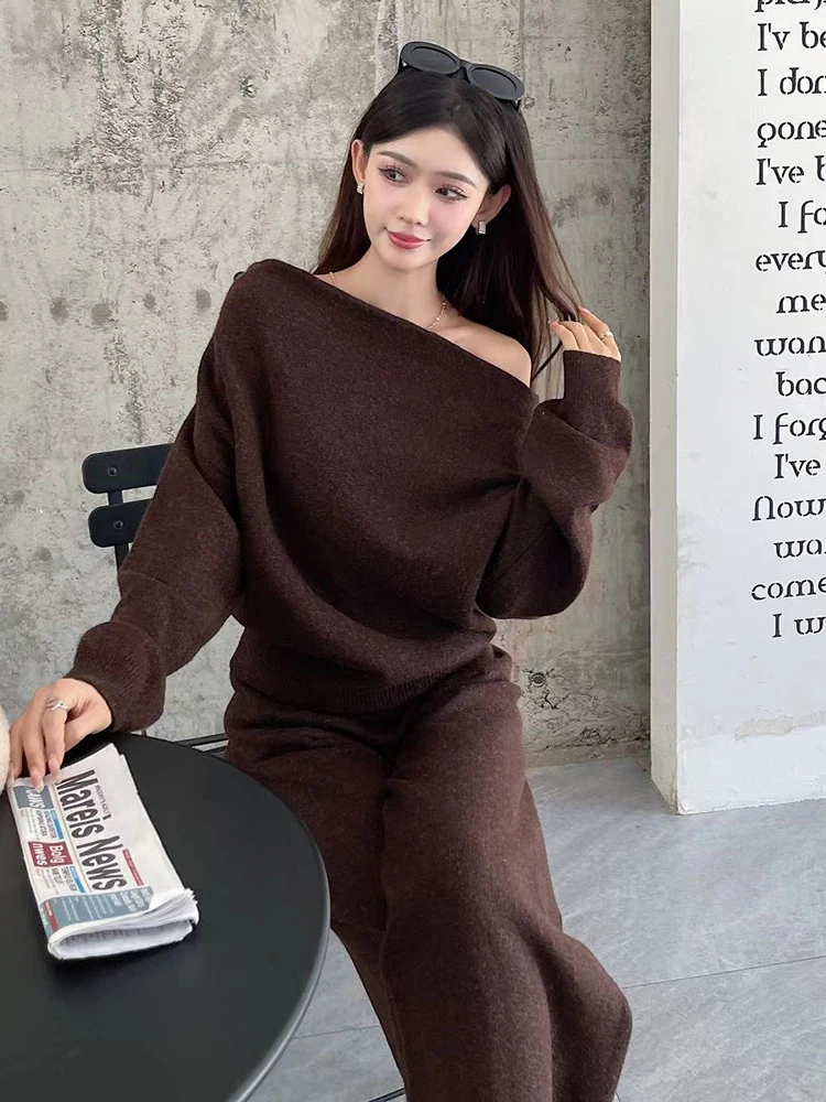 BZVW Korean Style One Shoulder Sweaters Wide Leg Pants Two-piece Set Solid Color Minimalism Sets 2024 Autumn Winter New 25Z1081