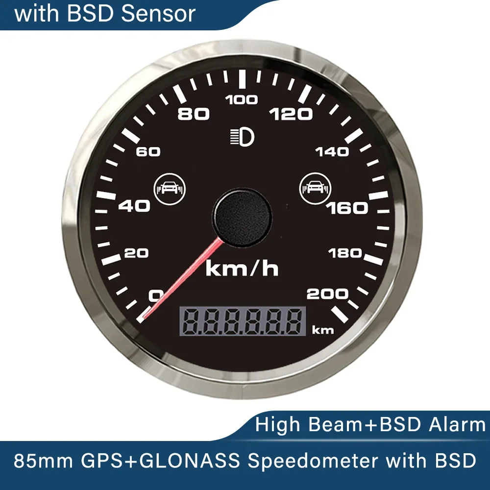 Newest 85mm GPS+GLONASS Speedometer 0-200km/h MPH Odometer with Blind Spot Detection Alarm for Motorcycle with BSD Rader Sensor