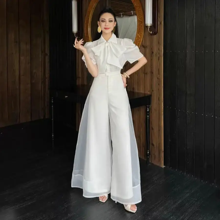 새로운 패션 오간자 와이드 레그 팔라초 팬츠 여성 우아한 여름 하이웨이스트 솔리드 컬러 오피스룩 바지 의류