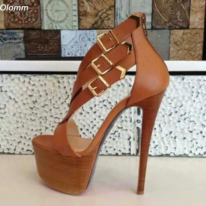 Olomm New Arrival Women Platform Sandals Buckle Strap Sexy Stiletto Heels Open Toe Beautiful Brown Casual Shoes US Size 5-20