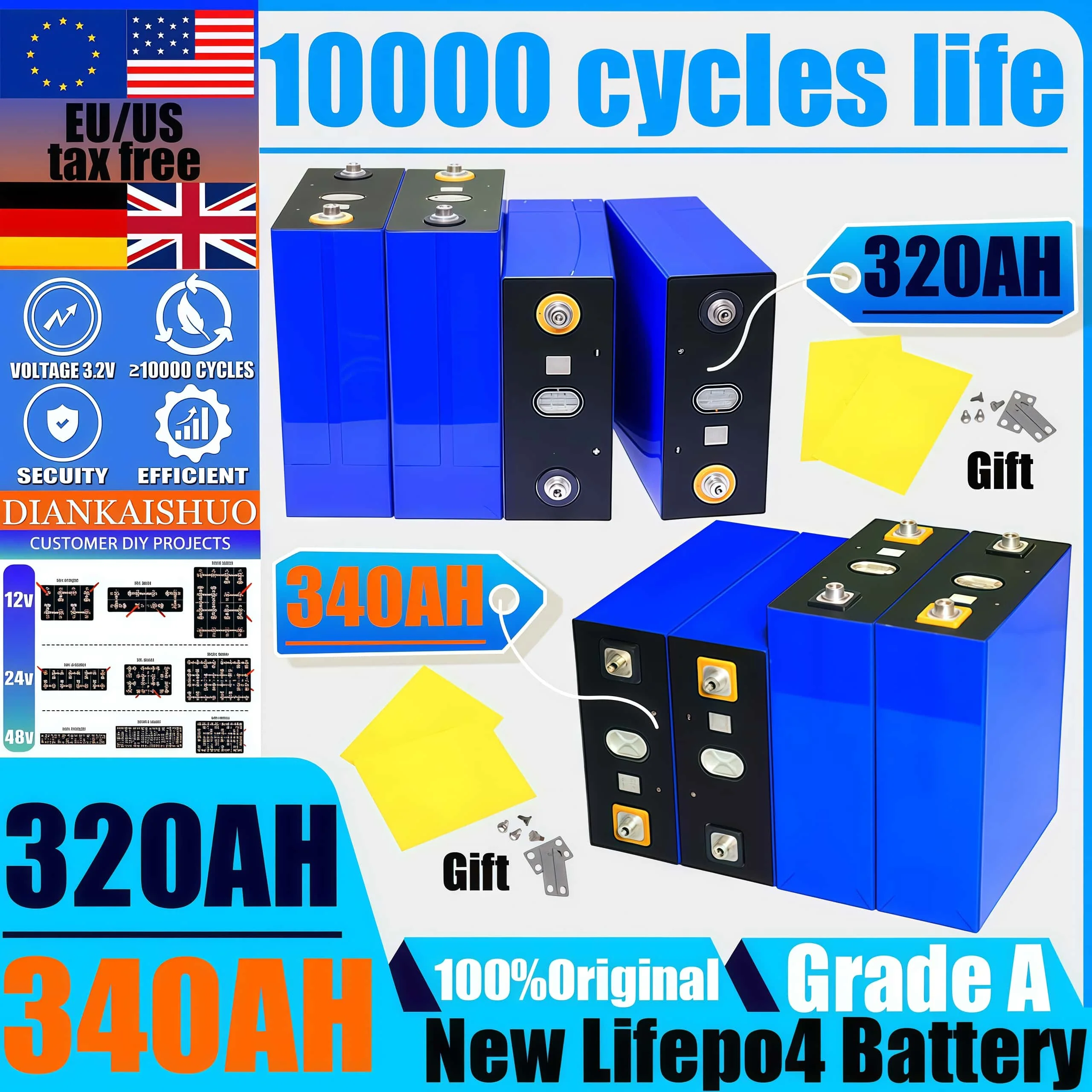 Grade A New 3.2V 340Ah 320AH Lifepo4 Rechargeable Battery Grade A DIY12V 24V 48V RV EV Boat Golf solar energy camping duty-free