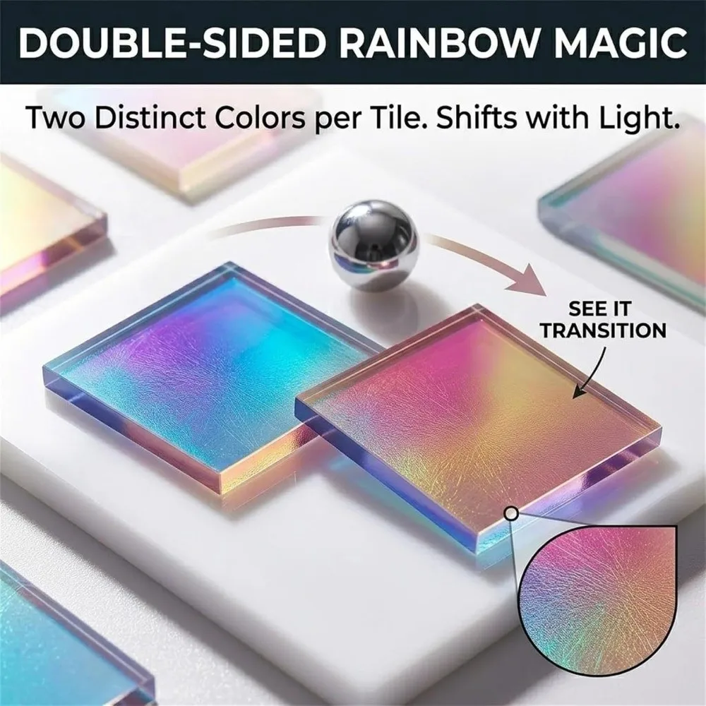 50 Stück Regenbogenfarbene, strahlende Acrylplatten, quadratisch, Mini-Mosaik aus schillerndem Acryl, einfach zu kleben, holografisches Acryl, DIY-Werbung