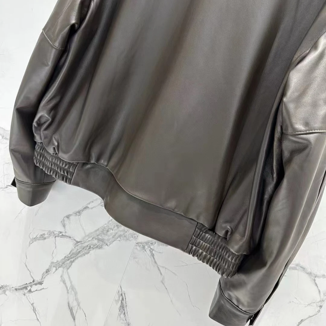 Cappotto con colletto rialzato in pelle di pecora Giacca corta con cerniera a maniche lunghe Giacca in pelle da donna
