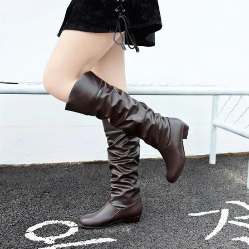 Women\'s Boots Winter Knee High Shaft Black Footwear Round Toe Leather Long Shoes For Woman White Stylish And Low Price Hot