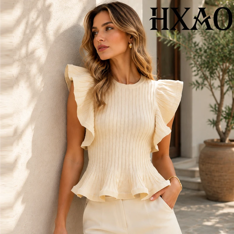 HXAO Damen Kurzes Rüschen-Top, Ärmelloses Pullover-Tanktop mit Peplum, Sommer-Herbst Slim Fit Eleganter Pullover
