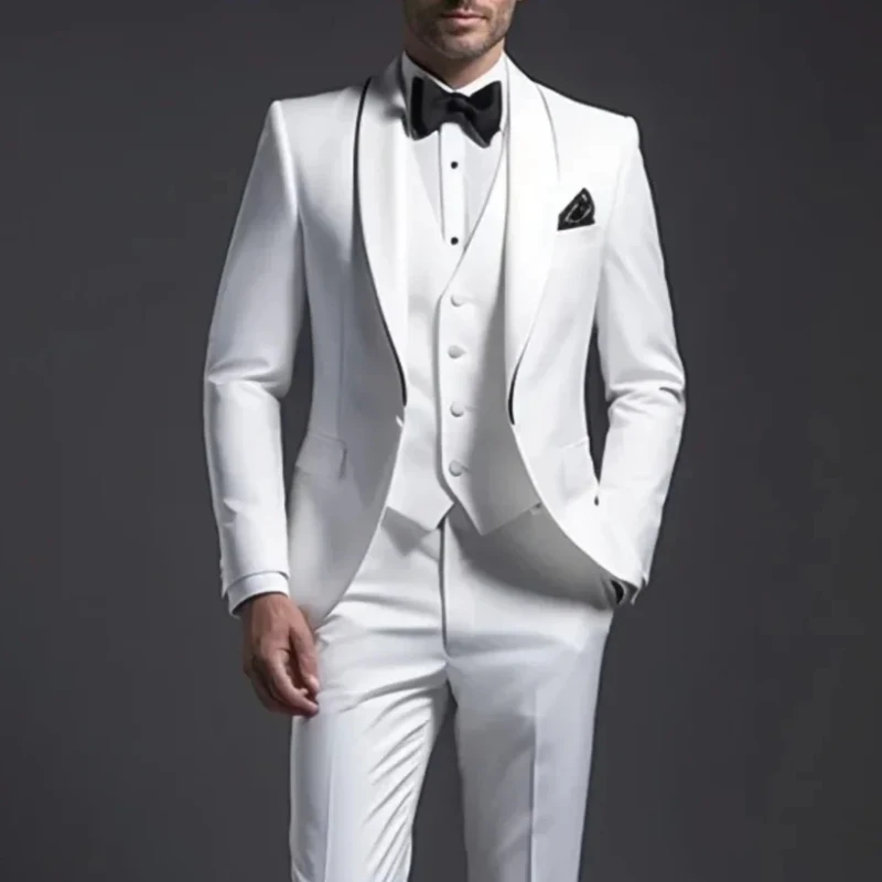 White Formal Suits for Men 3 Piece Shawl Lapel Wedding Tuxedo Groomsmen Single Button Suit Prom Party Slim Fit 2025