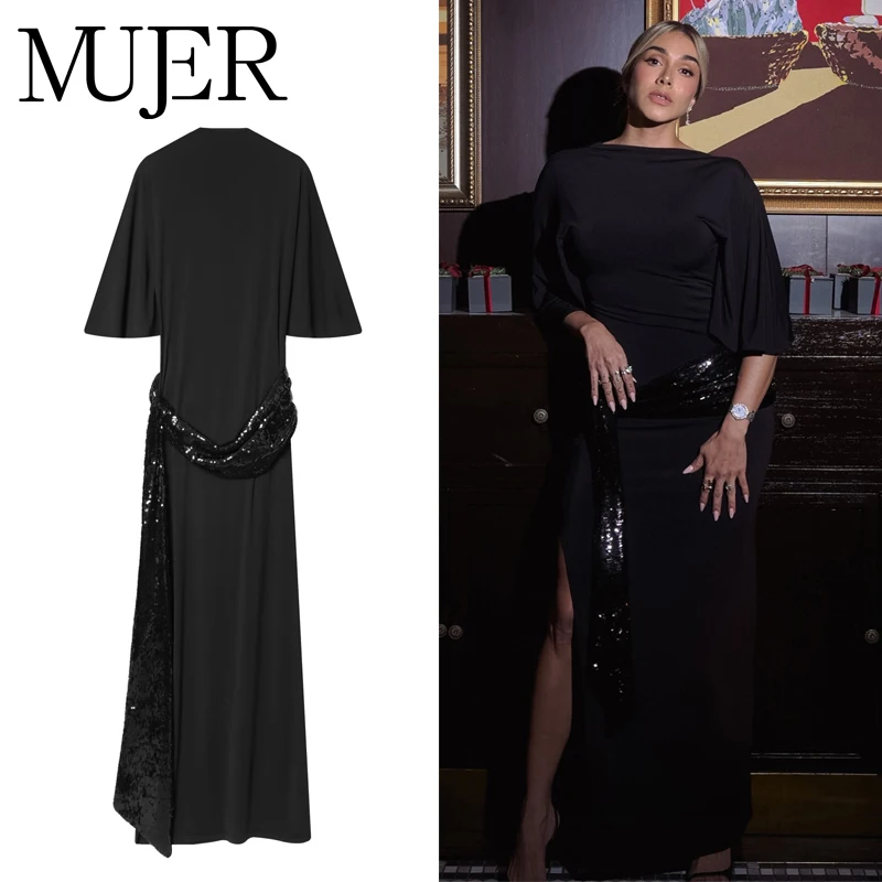 MUJER 2026 Pailletten Lange Kleider für Frauen Sexy Rückenfreies Maxikleid Frauen Schwarz Abend Nachtkleider Glitzer Luxus Damenkleid