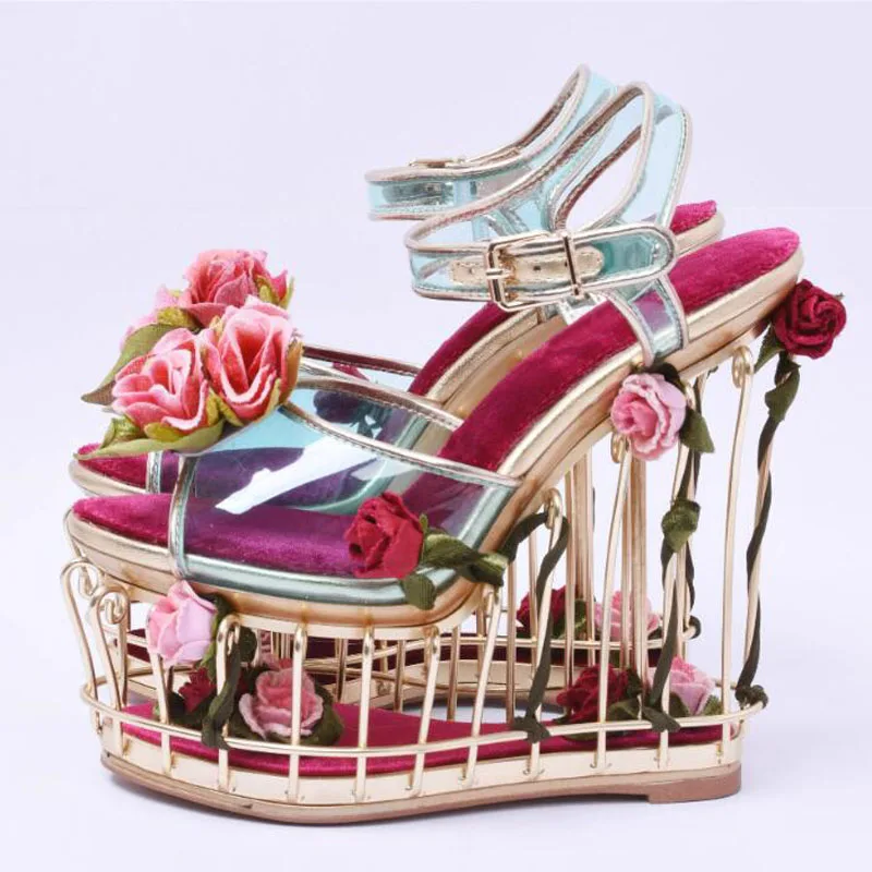 Luxury Rose Flower Twined Gold Bird Cage Wedge Sandals Fretwork Platform Blue PVC Ankle Strap Wedding Shoes Female Sandalias