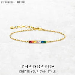 Gold Plated Bracelet Link Chain Colourful Stones 925 Sterling Silver Vintage Jewelry Europe Women Gift