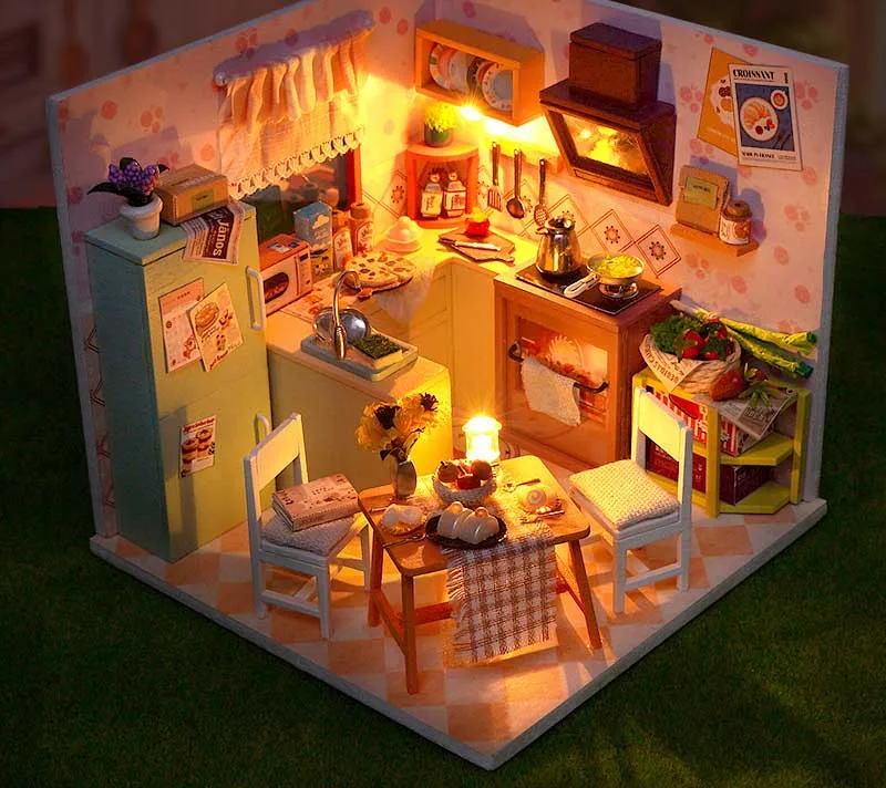 Hölzernes Miniatur-Puppenhaus DIY-Set, Möbelset Handgefertigtes Modellbau-Spielzeug für Kinder Mädchen Geburtstagsgeschenk – Detail 12