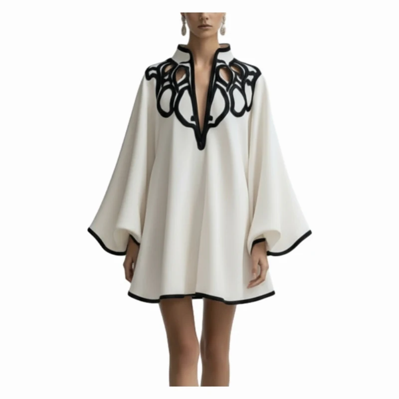 2026 Nieuwe Uitgeholde V-hals Mini Jurk Voor Vrouwen Uitlopende Mouwen Geplooide Jurk Lente Stijlvolle Contrast Versieringen Elegante Feestjurk - afbeelding 2