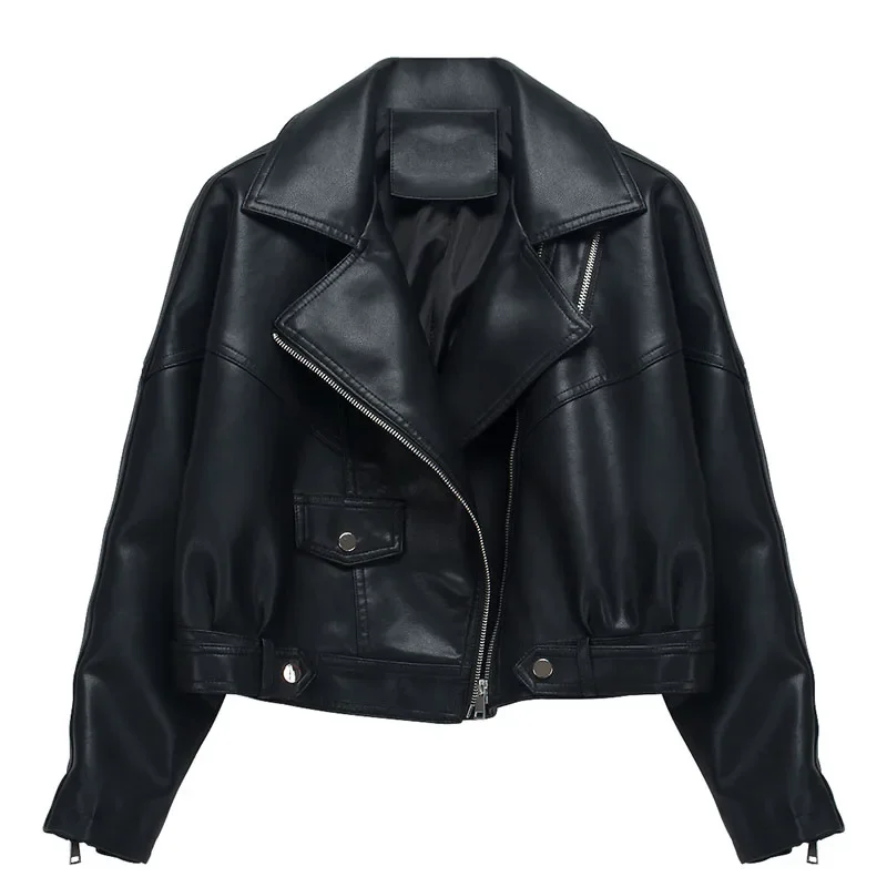 春緩いヴィンテージフェイクレザージャケット女性 2025 秋ショートカジュアルブラウンオートバイジャケット長袖カジュアルストリート