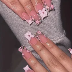 24pcs Nude Pink False Nails Patches 3D Bowknots Flower Press On Nails 2026 New Wearable White French Style Fake Nail Tips