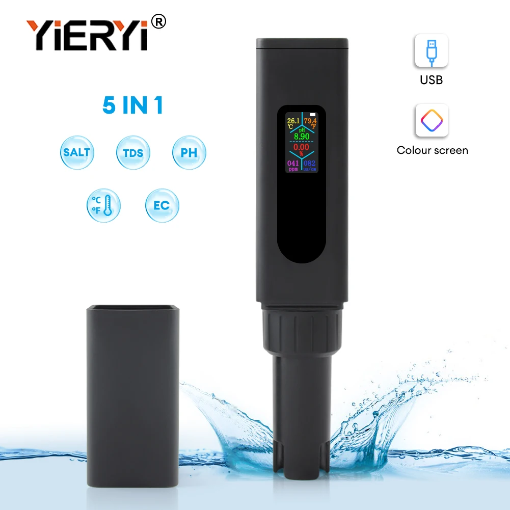 

Yieryi 5 in 1 Salinity Meter PH Water Quality Tester Digital EC TDS TEMP Monitor Rechargeable Test for Aquarium Hydroponic Pool