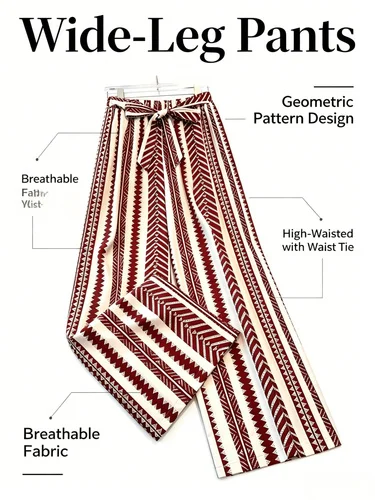 Burgunderrote geometrische Hose mit Pfeilmuster und Bindegürtel, weites Bein, Ethno-Stil, drapierte Freizeithose – Detail 1
