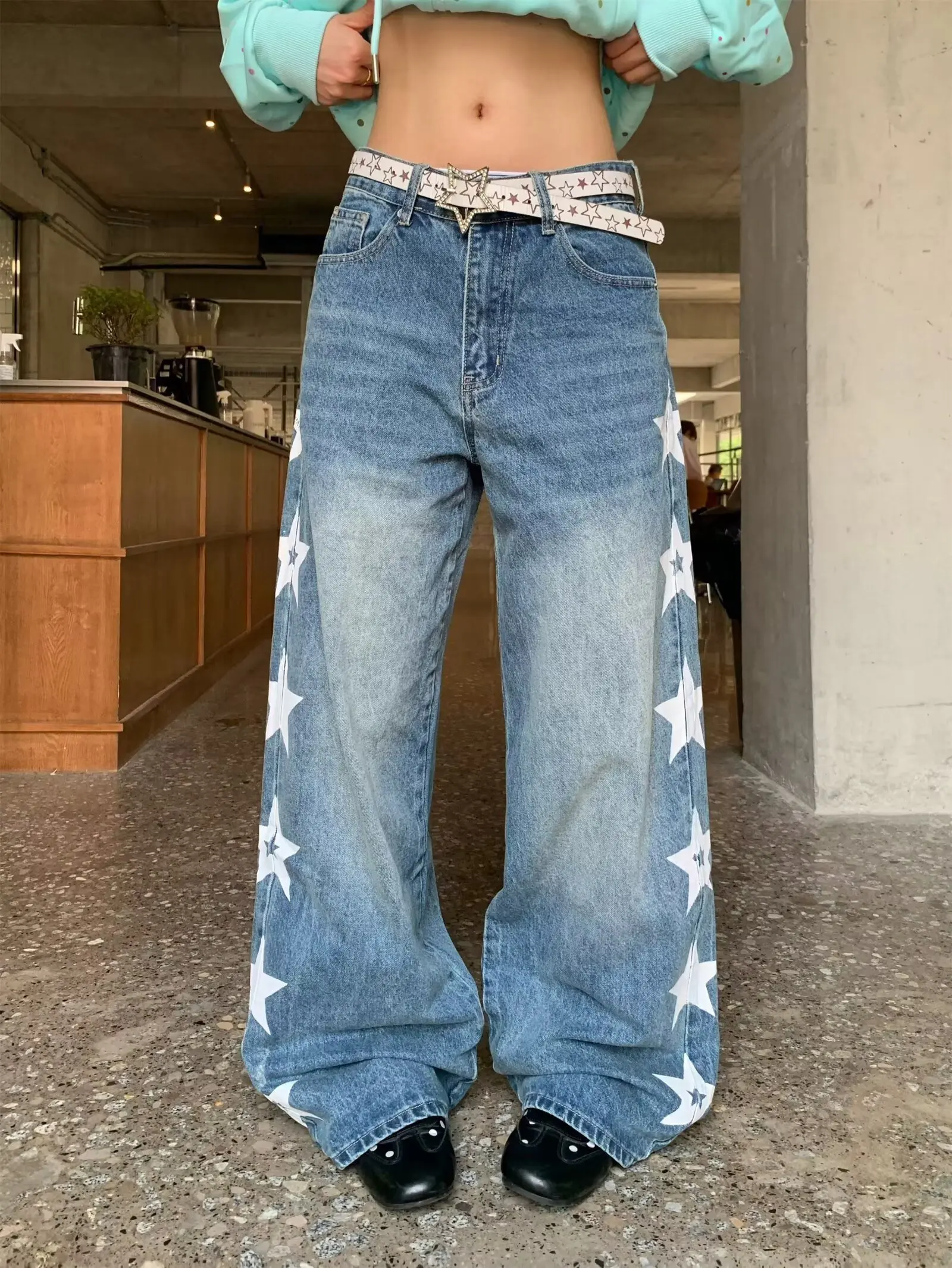 Women's Star Patterned Printed Jeans Retro Street Blue Casual Pant Cool Girl Bottoms Wide Leg Sweatpants Female High Waist Pants