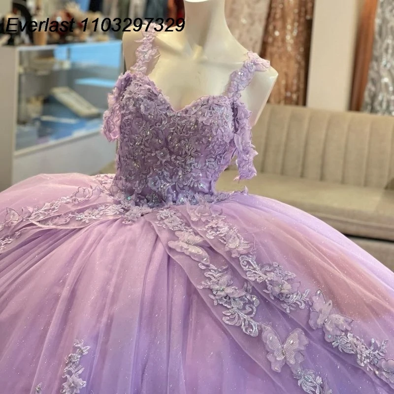 Evlast Glanzende Lavendel Quinceanera Jurk Baljurk Kanten Applique Kralen Gelaagde Ruches Corset Sweet 15 Vestido De 15 Anos Tqd597