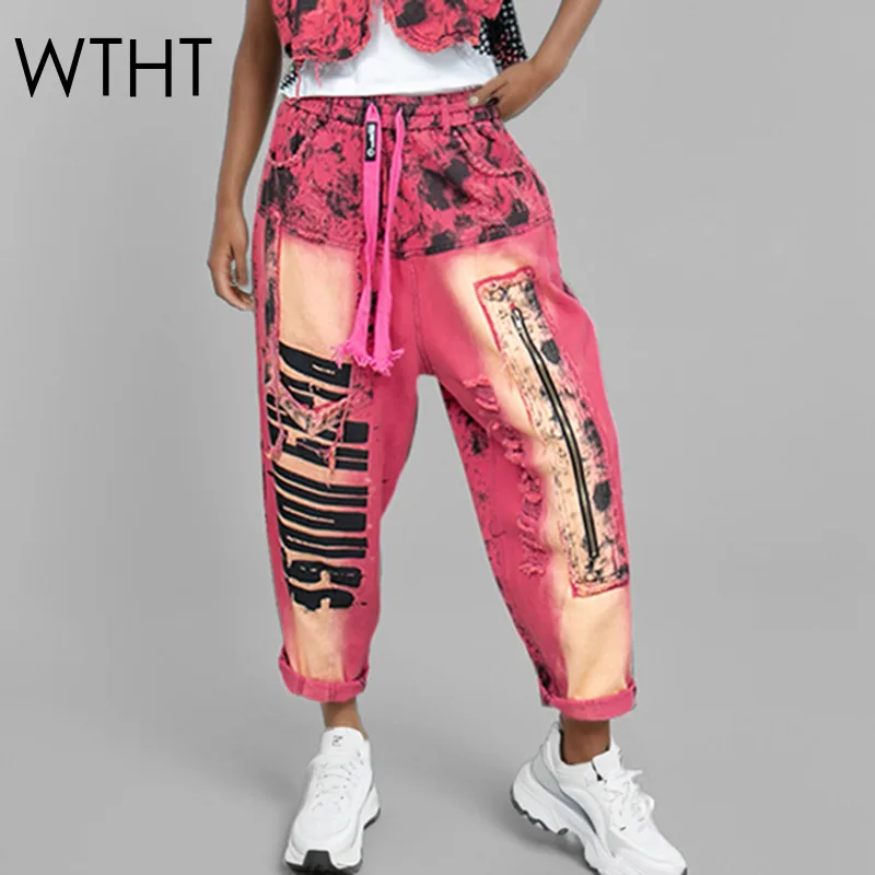 

WTHT High Street модные женские джинсы с нерегулярным принтом, новинка весны 202, свободные джинсовые брюки-шаровары с эластичной резинкой на талии, женские 1LS1149
