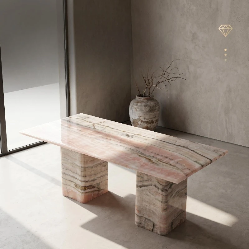 Italian light luxury natural pink agate jade marble dining table, rectangular high-end sense