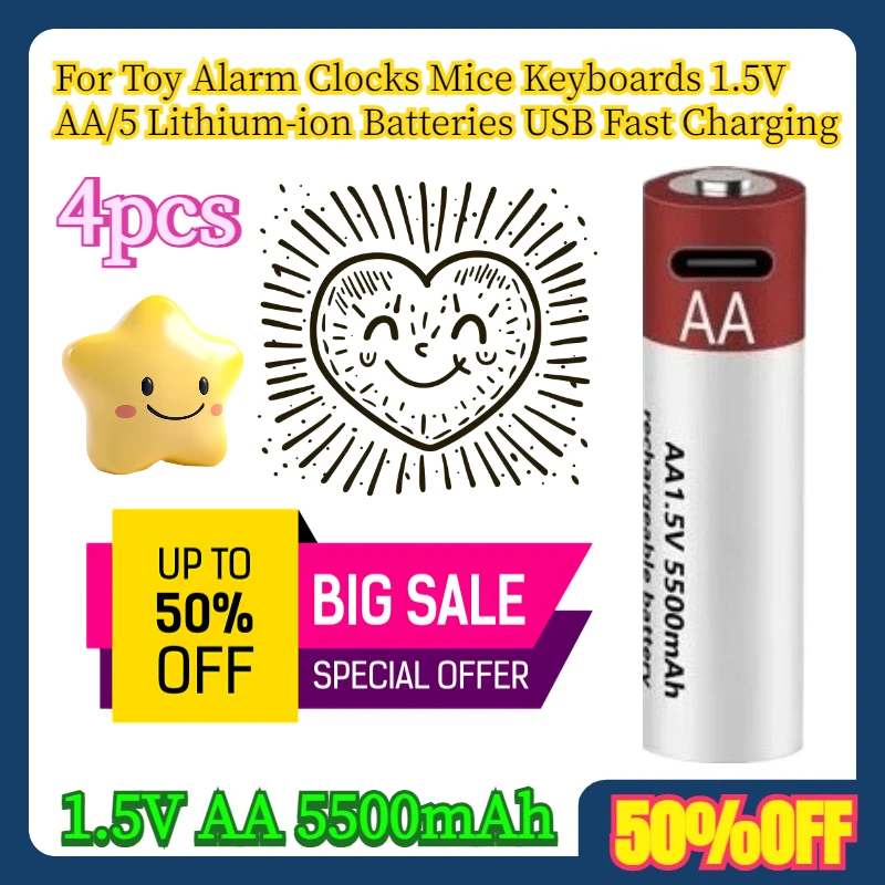 

4pcs 1.5V AA 5500mAh For Toy Alarm Clocks Mice Keyboards 1.5V AA/5 Lithium-ion Batteries USB Fast Charging