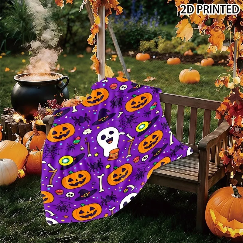 Playful Halloween Cartoon Pattern Throw Blanket - Whimsical & Vibrant Design with Jack-O'-Lanterns, Ghosts, Witch Hats, Spooky E