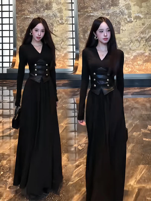 Slimming Effect Loose Fitting V-Neck Top And High Waist Midi Skirt Two-Piece Set Fashionable PU Design Autumn Women's Wear