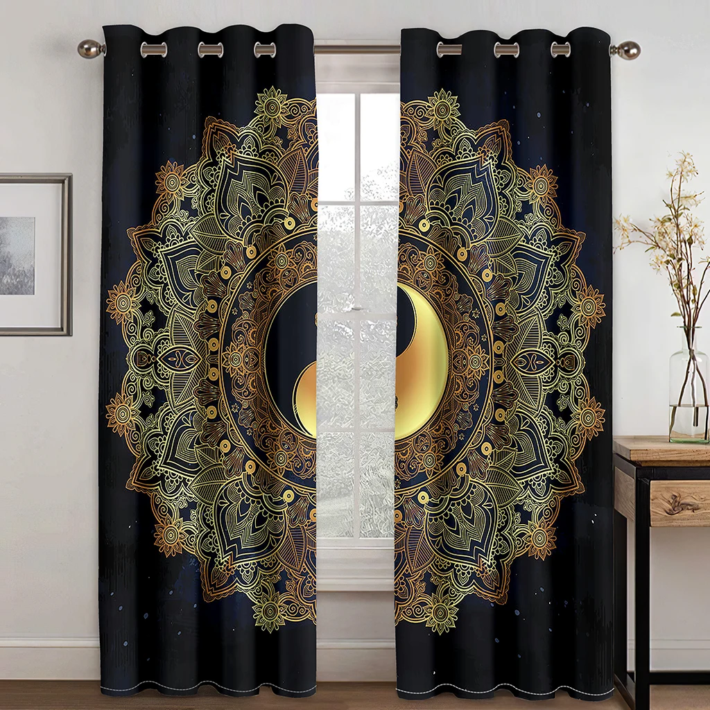 

2 Pcs Mystic Moon Curtains Mandala Pattern Print Living Room Bedroom Study Sun Shade Curtains Bohemian Style Home Decoration