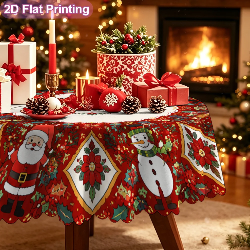 2D flat model 1 piece tablecloth, merry Christmas Santa snowman round mat, bright pattern, Christmas day round tablecloth