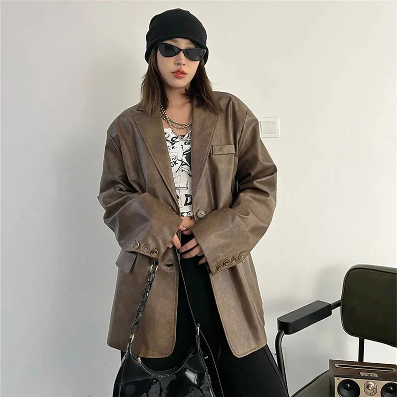 Giacca in finta pelle PU marrone Primavera Autunno Donna Casual Colletto dentellato allentato Manica lunga Cappotto imitazione Chaqueta Mujer