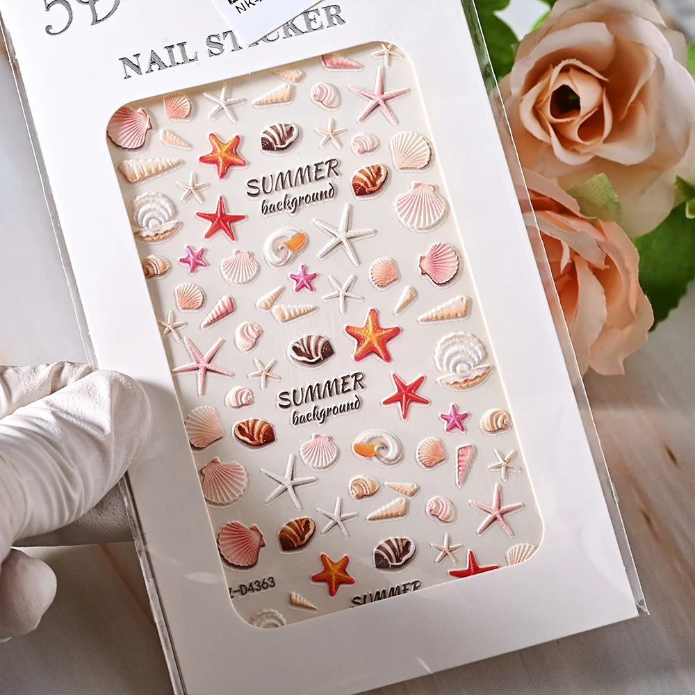 1 Sheet Sea Shell 5D Nail Sticker Beach Embossed Floral Reliefs Self-Adhesive Nail Sticker Decal Ocean Summer Shell Nail Slider