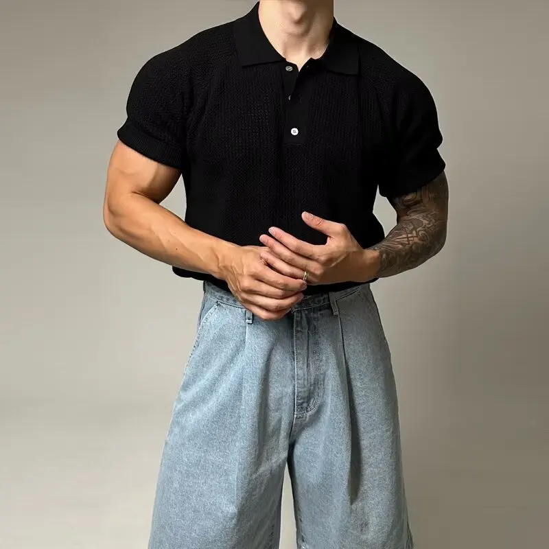 

Летняя футболка унисекс большого размера (до 113 кг) в американском ретро-стиле с узором «соты», отложным воротником и коротким рукавом