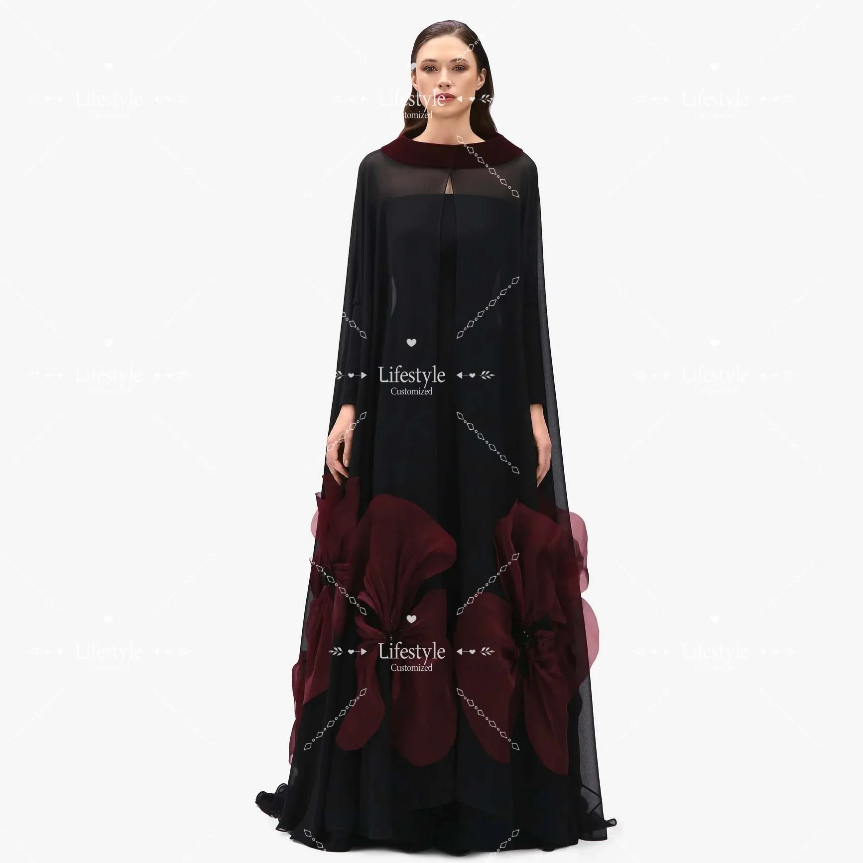 

Customized Black Long Sleeves Prom Dresses With Cloak Handmade Big Flowers Evening Dress A-Line Elegant Formal Gown