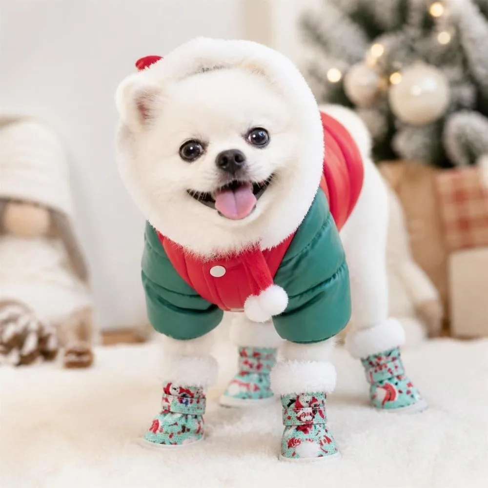 4Pcs Fashion Christmas Winter Dog Shoes Warm Pet Shoes Thickened Anti-slip Dog Footwear Puppy