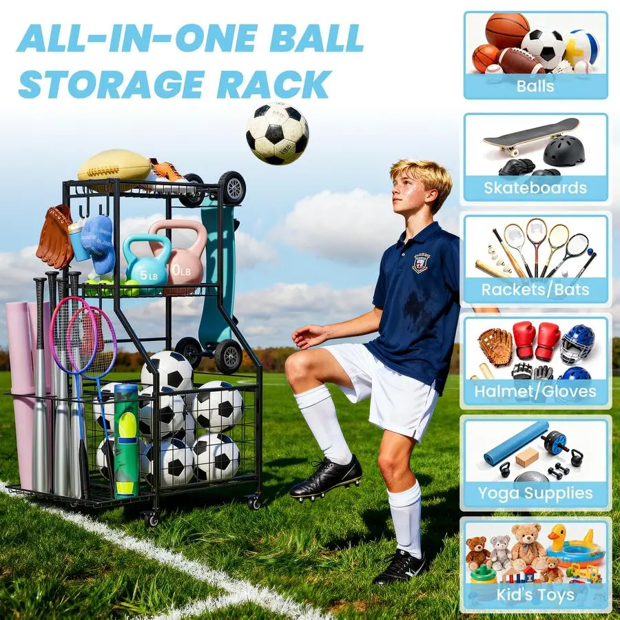 スポーツ用品オーガナイザー、ガレージボール収納ラック（バスケットとフック付き）、頑丈なホイール付きローリングボールカート（おもちゃ収納用）