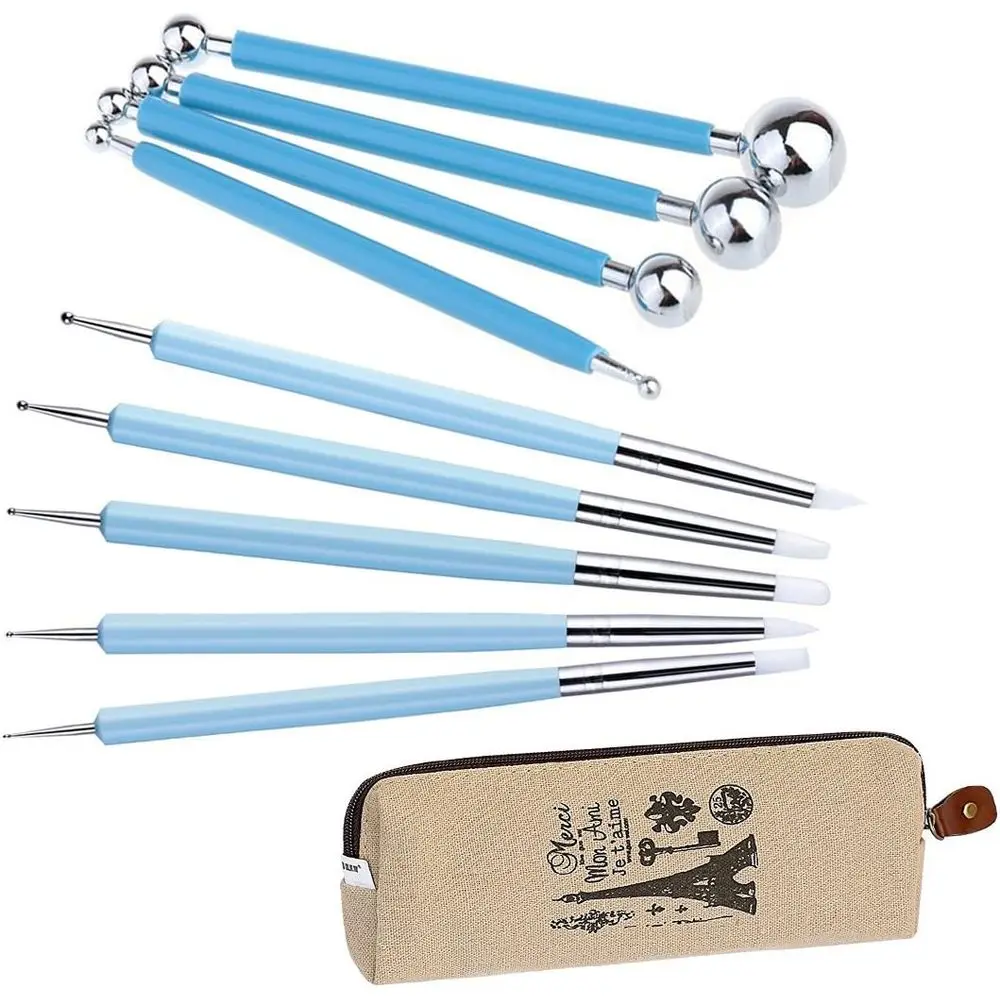 9-Piece Sculpting Tools Set: 4 Double-Ended Metal Clay Stylus and 5 Silicone Polymer & Emery Paper Tools