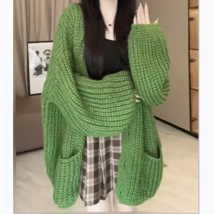 Green Y2k Kintted Sweater Women Cardigan V-Neck Crochet Loose Top E-girl Pullovers Spring Autumn Winter Jumper Sueter Jumpers