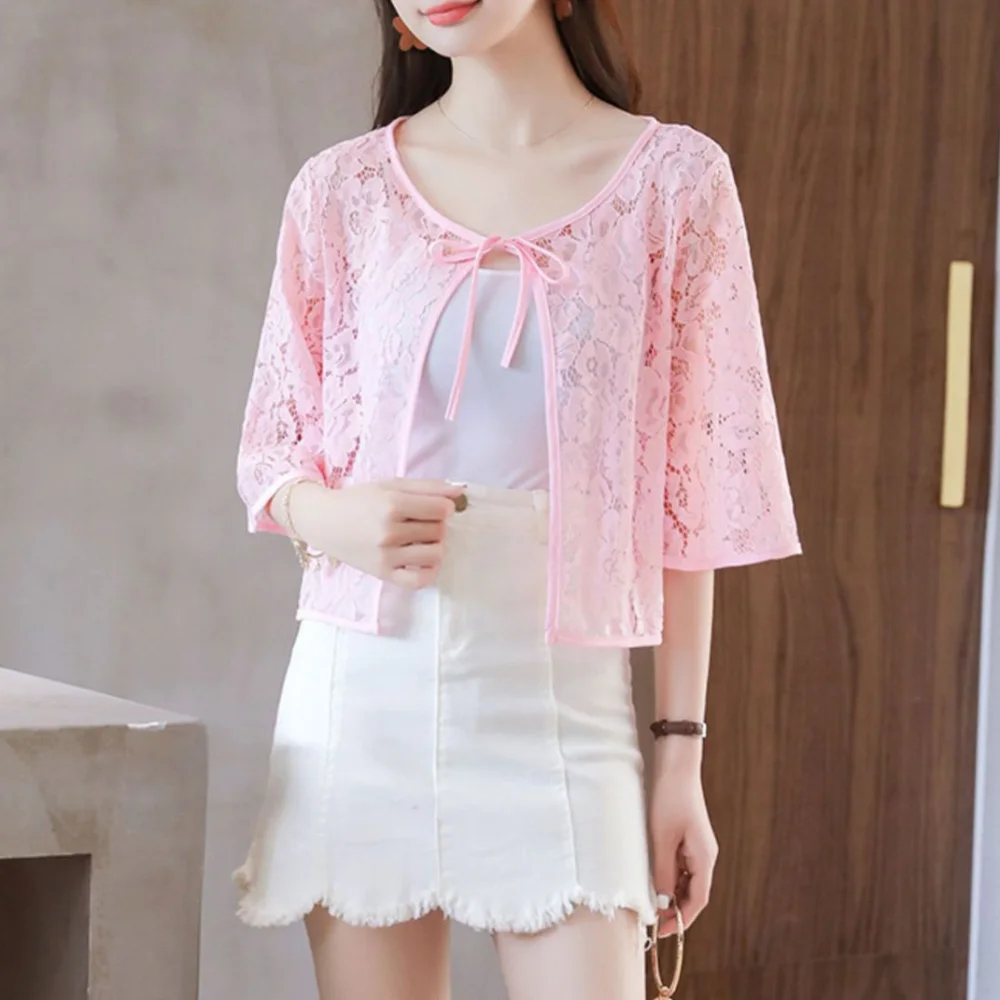 Flower Mesh Small Shawl Jacket Lace Up Hollow Lace Cardigan Shirt Sunscreen Clothing Transparent Sun Protection Cardigan Tops