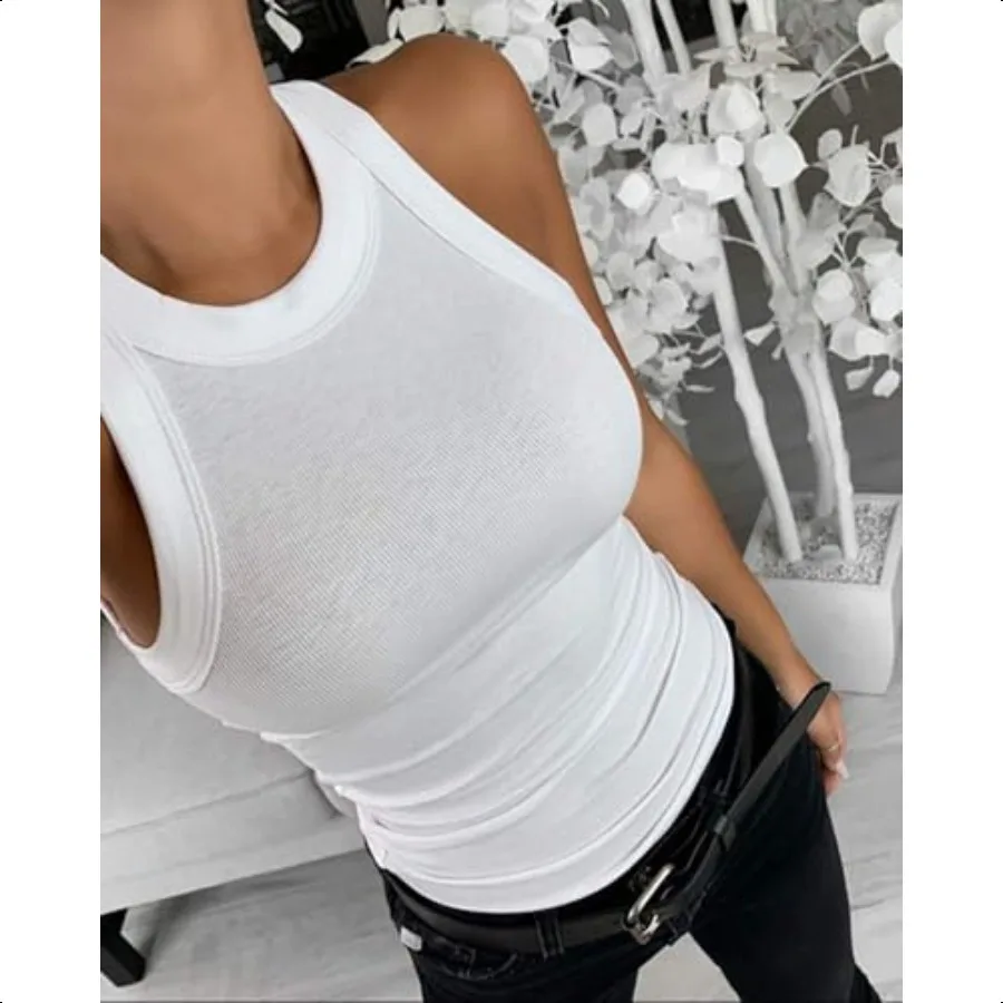 CHICME 3 Piece Tank Top Wanita Kemeja Cami Dasar Lengan Blus Racerback Berusuk Rajut Ramping