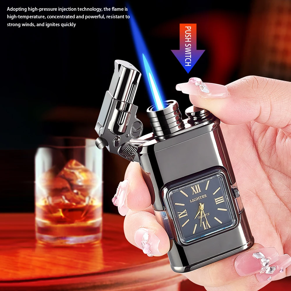 2 IN 1 WindProof Lighter Vintage Watch Bezel Jet Flame Torch Lighter Dual Fire Butane Lighter for Candle BBQ Kitchen Gadgets